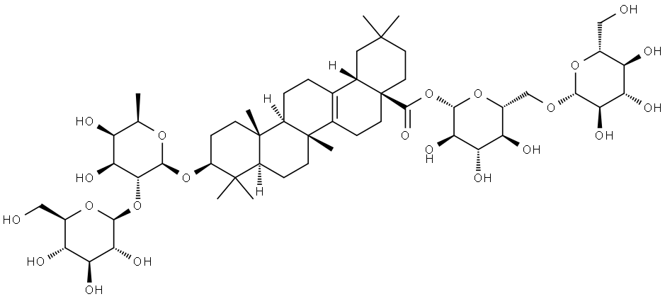 27-Norolean-13-en-28-oic acid, 3-[(6-deoxy-2-O-β-D-glucopyranosyl-β-D-galactopyranosyl)oxy]-, 6-O-β-D-glucopyranosyl-β-D-glucopyranosyl ester, (3β)- (9CI)|化合物 Rubenorside B