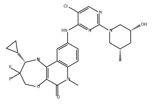 [1,4]Oxazepino[2,3-c]quinolin-6(7H)-one, 10-[[5-chloro-2-[(3R,5S)-3-hydroxy-5-methyl-1-piperidinyl]-4-pyrimidinyl]amino]-2-cyclopropyl-3,3-difluoro-1,2,3,4-tetrahydro-7-methyl-, (2S)-|化合物 CCT373566