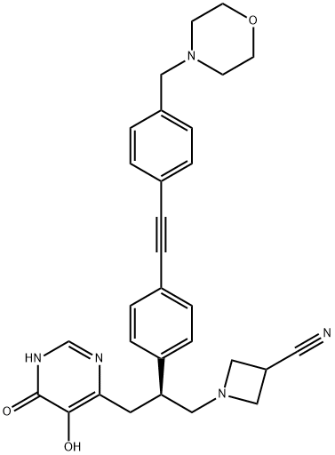 3-Azetidinecarbonitrile, 1-[(2S)-3-(1,6-dihydro-5-hydroxy-6-oxo-4-pyrimidinyl)-2-[4-[2-[4-(4-morpholinylmethyl)phenyl]ethynyl]phenyl]propyl]-|化合物 LPXC-IN-10