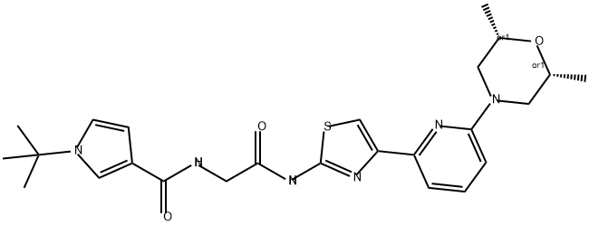 1H-Pyrrole-3-carboxamide, 1-(1,1-dimethylethyl)-N-[2-[[4-[6-[(2R,6S)-2,6-dimethyl-4-morpholinyl]-2-pyridinyl]-2-thiazolyl]amino]-2-oxoethyl]-, rel- Structure
