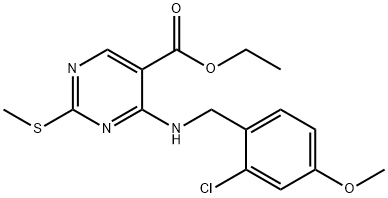 5-Pyrimidinecarboxylic acid, 4-[[(2-chloro-4-methoxyphenyl)methyl]amino]-2-(methylthio)-, ethyl ester Struktur