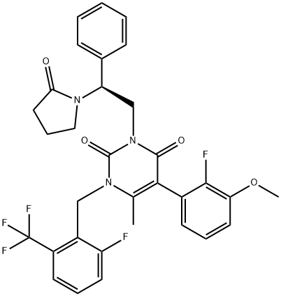 2,4(1H,3H)-Pyrimidinedione, 5-(2-fluoro-3-methoxyphenyl)-1-[[2-fluoro-6-(trifluoromethyl)phenyl]methyl]-6-methyl-3-[(2S)-2-(2-oxo-1-pyrrolidinyl)-2-phenylethyl]- Struktur