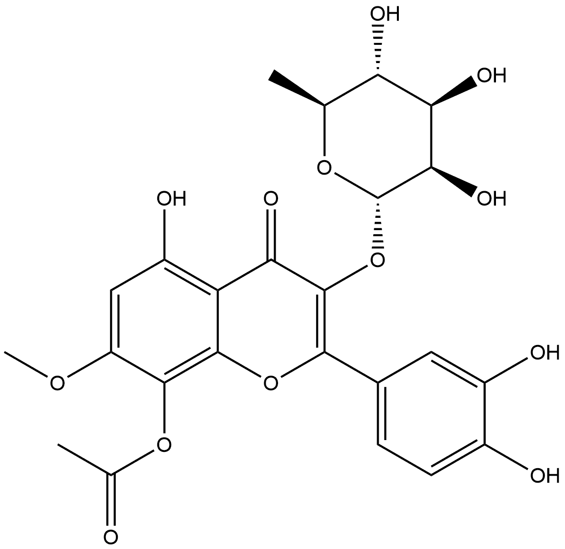 4H-1-Benzopyran-4-one, 8-(acetyloxy)-3-[(6-deoxy-α-L-mannopyranosyl)oxy]-2-(3,4-dihydroxyphenyl)-5-hydroxy-7-methoxy-|化合物 Purifolin