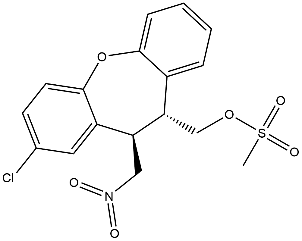 Dibenz[b,f]oxepin-10-methanol, 2-chloro-10,11-dihydro-11-(nitromethyl)-, 10-methanesulfonate, (10R,11R)-rel- Structure