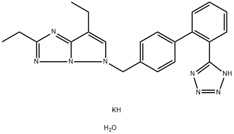 5H-Pyrazolo[1,5-b][1,2,4]triazole, 2,7-diethyl-5-[[2'-(2H-tetrazol-5-yl)[1,1'-biphenyl]-4-yl]methyl]-, potassium salt, hydrate (1:1:1) Structure