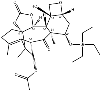 3a,7-Methano-3aH-oxeto[2'',3'':5',6']benzo[1',2':3,4]cyclodeca[1,2-d]-1,3-dioxole-2,9(4H)-dione, 8-(acetyloxy)-5,8,9a,10,11,11a,13,13a,13b,13c-decahydro-13a-hydroxy-6,9a,14,14-tetramethyl-10-[(triethylsilyl)oxy]-, [3aS-(3aα,8α,9aα,10α,11aβ,13aβ,13bβ,13cα)]- (9CI) Structure