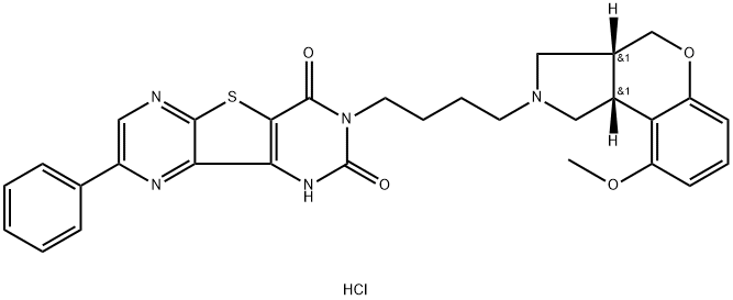 5-{4-[(2R,6R)-13-methoxy-8-oxa-4-azatricyclo[7.4.0.0^{2,6}]trideca-1(9),10,12-trien-4-yl]butyl}-12-phenyl-8-thia-3,5,10,13-tetraazatricyclo[7.4.0.0^{2,7}]trideca-1(9),2(7),10,12-tetraene-4,6-dione hydrochloride|5-{4-[(2R,6R)-13-methoxy-8-oxa-4-azatricyclo[7.4.0.0^{2,6}]trideca-1(9),10,12-trien-4-yl]butyl}-12-phenyl-8-thia-3,5,10,13-tetraazatricyclo[7.4.0.0^{2,7}]trideca-1(9),2(7),10,12-tetraene-4,6-dione hydrochloride