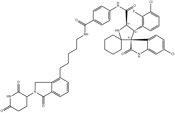 Dispiro[cyclohexane-1,2'-pyrrolidine-3',3''-[3H]indole]-5'-carboxamide, 6''-chloro-4'-(3-chloro-2-fluorophenyl)-N-[4-[[[5-[2-(2,6-dioxo-3-piperidinyl)-2,3-dihydro-1-oxo-1H-isoindol-4-yl]pentyl]amino]carbonyl]phenyl]-1'',2''-dihydro-2''-oxo-, (3'R,4'S,5'R)-|MD-222