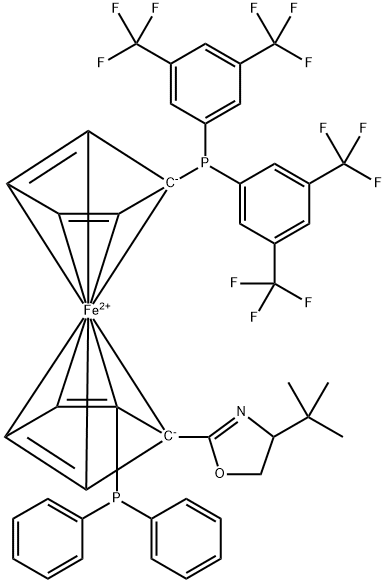 (2R)-1'-[Bis[3,5-bis(trifluoromethyl)phenyl]phosphino]-1-[(4S)-4-(1,1-dimethylethyl)-4,5-dihydro-2-oxazolyl]-2-(diphenylphosphino)-Ferrocene Struktur