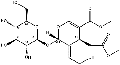 (2S)-3-[(E)-2-ヒドロキシエチリデン]-2-(β-D-グルコピラノシルオキシ)-3,4-ジヒドロ-5-(メトキシカルボニル)-2H-ピラン-4α-酢酸メチル 化学構造式