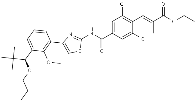 2-Propenoic acid, 3-[2,6-dichloro-4-[[[4-[3-[(1S)-2,2-dimethyl-1-propoxypropyl]-2-methoxyphenyl]-2-thiazolyl]amino]carbonyl]phenyl]-2-methyl-, ethyl ester, (2E)-|