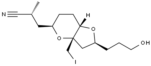 2H-Furo[3,2-b]pyran-5-propanenitrile, hexahydro-2-(3-hydroxypropyl)-3a-(iodomethyl)-α-methyl-, (αR,2S,3aS,5R,7aS)- Struktur