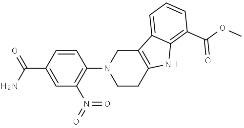 1H-Pyrido[4,3-b]indole-6-carboxylic acid, 2-[4-(aminocarbonyl)-2-nitrophenyl]-2,3,4,5-tetrahydro-, methyl ester Struktur