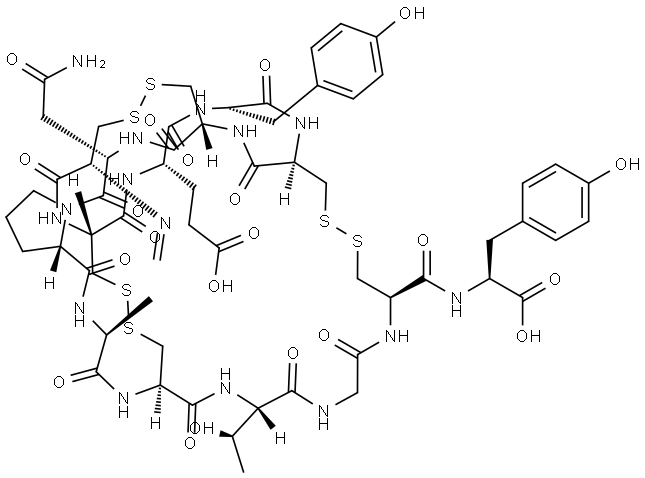 L-Tyrosine, N-methylene-L-cysteinyl-L-cysteinyl-L-α-glutamyl-L-tyrosyl-L-cysteinyl-L-cysteinyl-L-asparaginyl-L-prolyl-L-alanyl-L-cysteinyl-L-threonylglycyl-L-cysteinyl-, cyclic (1→6),(2→10),(5→13)-tris(disulfide) Structure