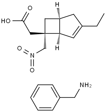 Bicyclo[3.2.0]hept-3-ene-6-acetic acid, 3-ethyl-6-(nitromethyl)-, (1R,5S,6S)-, compd.  with benzenemethanamine (1:1) Struktur