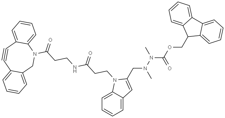 Hydrazinecarboxylic acid, 2-[[1-[3-[[3-(11,12-didehydrodibenz[b,f]azocin-5(6H)-yl)-3-oxopropyl]amino]-3-oxopropyl]-1H-indol-2-yl]methyl]-1,2-dimethyl-, 9H-fluoren-9-ylmethyl ester Structure