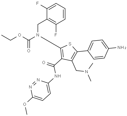 Carbamic acid, N-[5-(4-aminophenyl)-4-[(dimethylamino)methyl]-3-[[(6-methoxy-3-pyridazinyl)amino]carbonyl]-2-thienyl]-N-[(2,6-difluorophenyl)methyl]-, ethyl ester Structure
