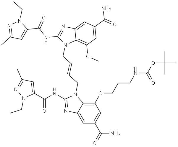 STING agonist-17|(E)-(3-((5-氨基甲酰基-1-(4-(5-氨基甲酰基-2-(1-乙基-3-甲基-1H-吡唑-5-甲酰胺基)-7-甲氧基-1H-苯并[d]咪唑-1-基)丁-2-烯-1-基)-2-(1-乙基-3-甲基-1H-吡唑-5-甲酰胺基)-1H-苯并[d]咪唑-7-基)氧基)丙基)氨基甲酸叔丁酯