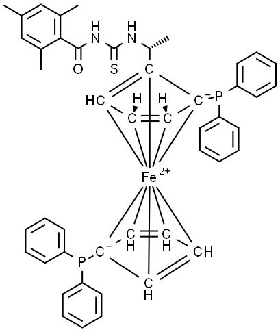 (2R)-1-[(1R)-1-[[[(2,4,6-trimethyl)benzoyl]amino]thioxomethyl]amino]ethyl]-1′,2-bis(diphenylphosphino)ferrocene Structure