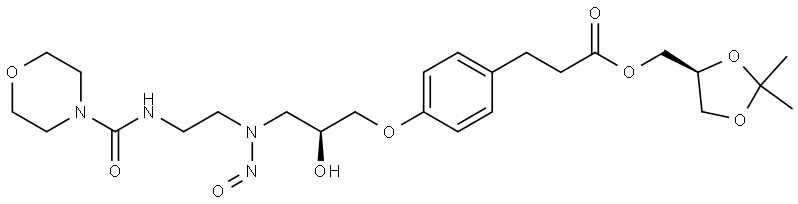 Benzenepropanoic acid, 4-[(2S)-2-hydroxy-3-[[2-[(4-morpholinylcarbonyl)amino]ethyl]nitrosoamino]propoxy]-, [(4S)-2,2-dimethyl-1,3-dioxolan-4-yl]methyl ester Struktur