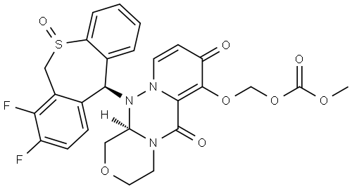 (((12aR)-12-((11S)-7,8-difluoro-5-oxido-6,11-dihydrodibenzo[b,e]thiepin-11-yl)-6,8-dioxo-3,4,6,8,12,12a-hexahydro-1H-[1,4]oxazino[3,4-c]pyrido[2,1-f][1,2,4]triazin-7-yl)oxy)methyl methyl carbonate Struktur