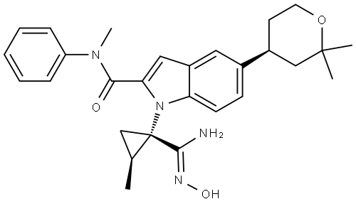 1H-Indole-2-carboxamide, 1-[(1S,2S)-1-[(Z)-amino(hydroxyimino)methyl]-2-methylcyclopropyl]-N-methyl-N-phenyl-5-[(4S)-tetrahydro-2,2-dimethyl-2H-pyran-4-yl]- Struktur