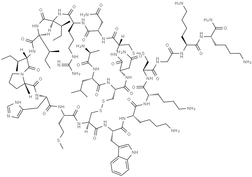 L-Lysinamide, L-alanyl-L-leucyl-L-cysteinyl-L-asparaginyl-L-cysteinyl-L-asparaginyl-L-arginyl-L-isoleucyl-L-isoleucyl-L-isoleucyl-L-prolyl-L-histidyl-L-methionyl-L-cysteinyl-L-tryptophyl-L-lysyl-L-lysyl-L-cysteinylglycyl-L-lysyl-, cyclic (3→14),(5→18)-bis(disulfide) Structure