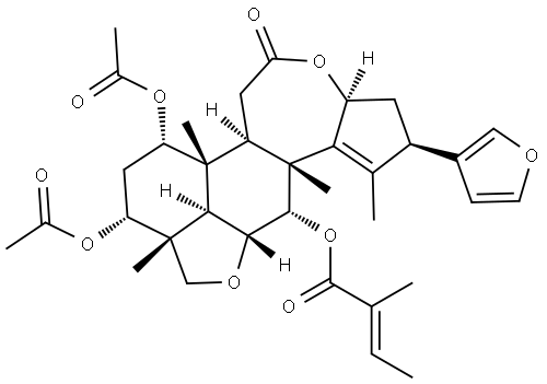 2-Butenoic acid, 2-methyl-, [C(R),2R,3aS,6aR,6bR,7S,9R,9aR,11aR,12S,12aR]-7,9-bis(acetyloxy)-2-(3-furanyl)-3,3a,5,6,6a,6b,7,8,9,9a,10,11a,12,12a-tetradecahydro-1,6b,9a,12a-tetramethyl-5-oxo-2H-cyclopenta[b]furo[2',3',4':4,5]naphth[2,1-d]oxepin-12-yl ester, (2E)- Struktur