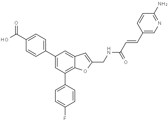 (E)-4-(2-((3-(6-aminopyridin-3-yl)acrylamido)methyl)-7-(4-fluorophenyl)benzofuran-5-yl)benzoic acid Struktur
