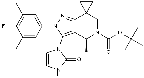 tert-butyl (4'S)-2'-(4-fluoro-3,5-dimethylphenyl)-4'-methyl-3'-(2-oxo-2,3-dihydro-1H-imidazol-1-yl)-2',4'-dihydrospiro[cyclopropane-1,7'-pyrazolo[4,3-c]pyridine]-5'(6'H)-carboxylate Struktur
