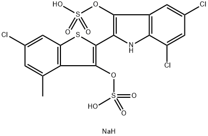 二钠[5,7-二氯-2-(6-氯-4-甲基-3-磺酸氧基-1-苯并噻吩-2-基)-1H-吲哚-3-基]硫酸盐, 10241-20-0, 结构式