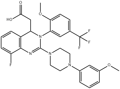 4-Quinazolineacetic acid, 8-fluoro-3,4-dihydro-2-[4-(3-Methoxyphenyl)-1-piperazinyl]-3-[2-Methoxy-5-(trifluoroMethyl)phenyl]- Structure