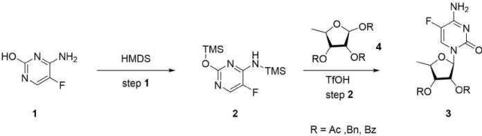 图2 2',3'-二-O-乙酰基-5'-脱氧-5-氟-D-胞啶合成路线图.png 图2 2',3'-二-O-乙酰基-5'-脱氧-5-氟-D-胞啶合成路线图.png